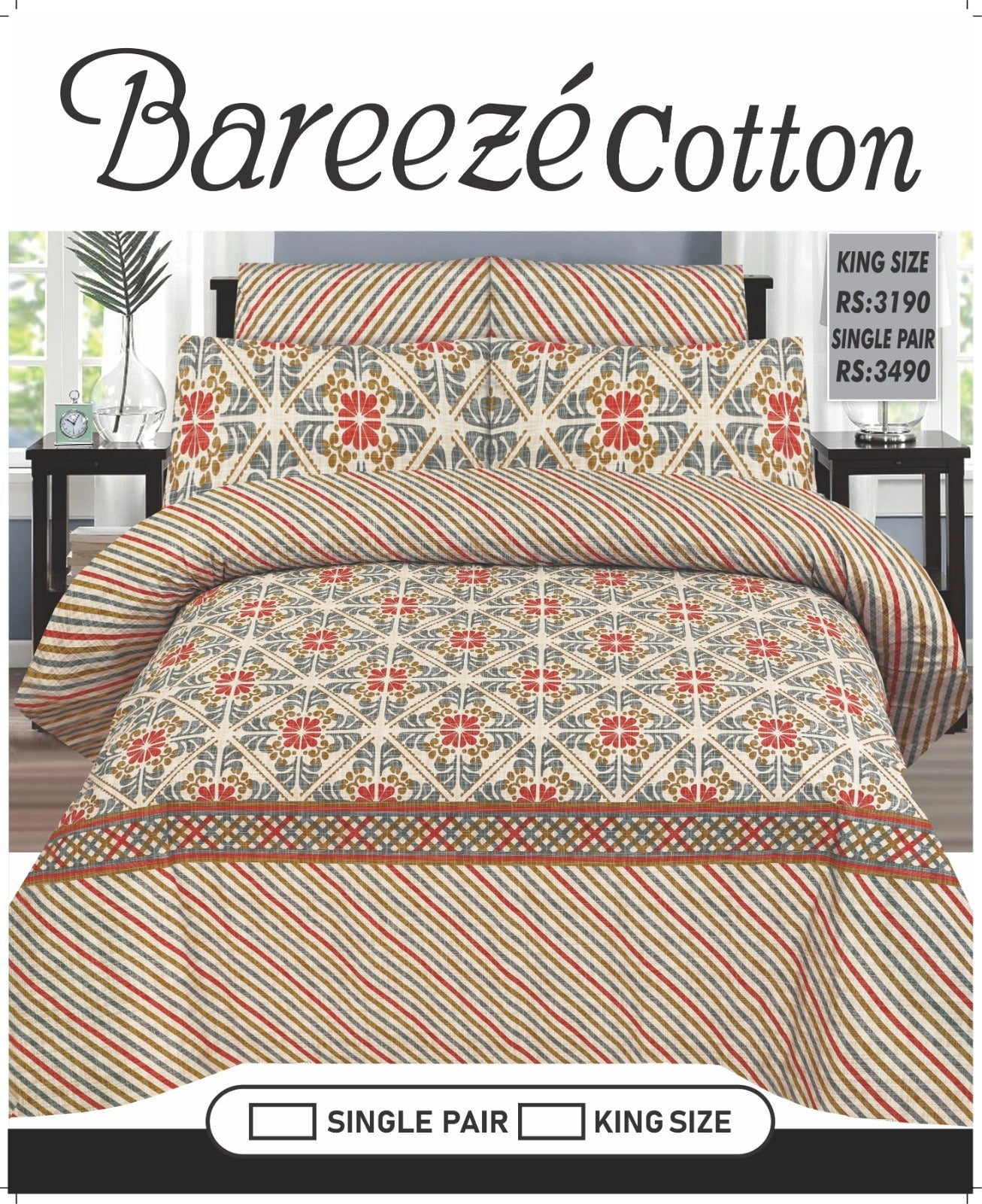 Bareeze Pure Cotton King Size Bed Sheets 2-Pillows 1-king Size Bedsheet