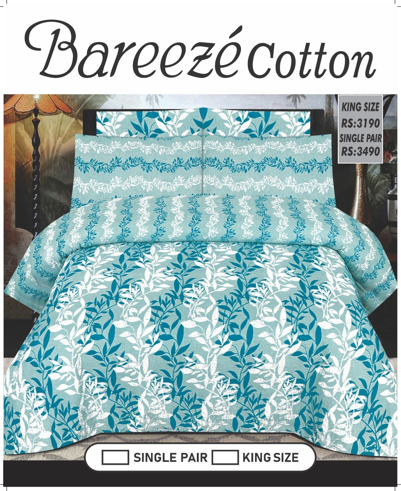 Bareeze Pure Cotton King Size Bed Sheets 2-Pillows 1-king Size Bedsheet