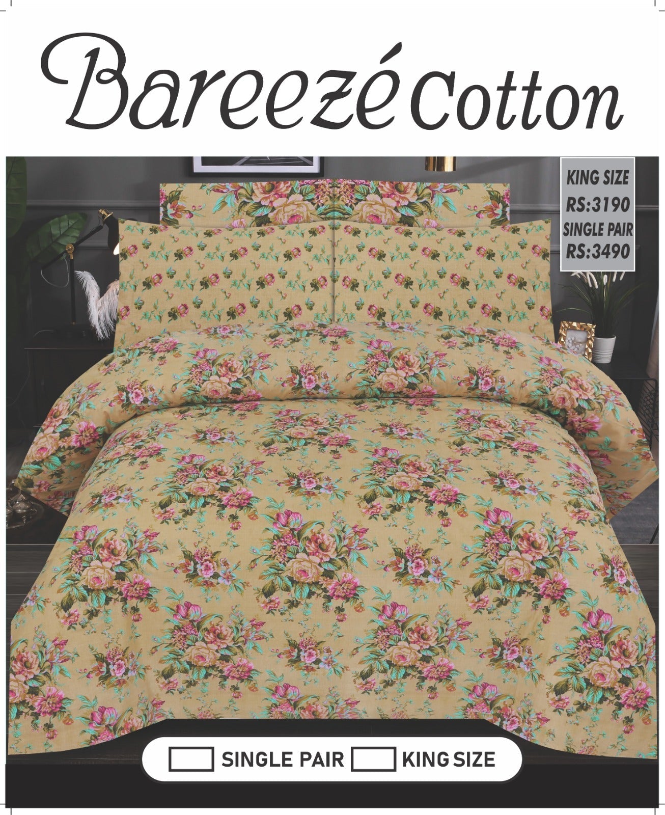 Bareeze Pure Cotton King Size Bed Sheets 2-Pillows 1-king Size Bedsheet