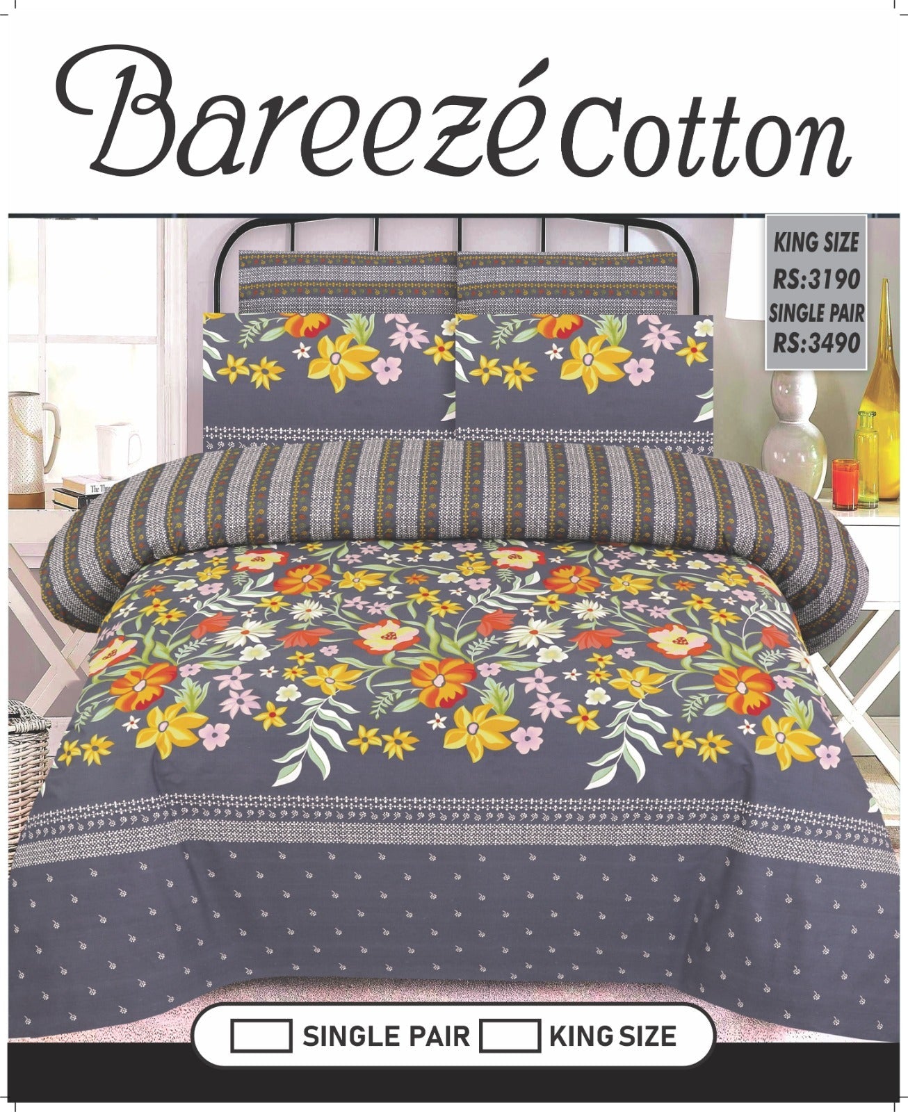 Bareeze Pure Cotton King Size Bed Sheets 2-Pillows 1-king Size Bedsheet