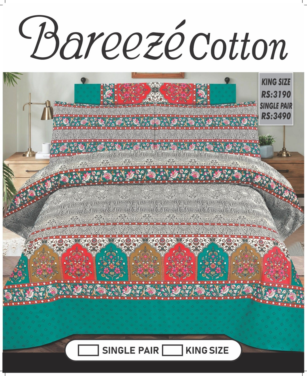Bareeze Pure Cotton King Size Bed Sheets 2-Pillows 1-king Size Bedsheet